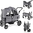 BABY JOY Wagon Stroller for 2 Kids, Collapsible Push Pull Double Stroller Wagon with Adjustable Handle Bar, Removable Canopy, Safety Harness, Cup Holder, Snack Tray & Storage Bag (Gray)