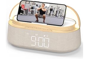 FREEFISH 6-in-1 Alarm Clock with Bluetooth Speaker, Wireless Charging, FM Radio, Night Light, Phone Holder, Digital Clock, 15