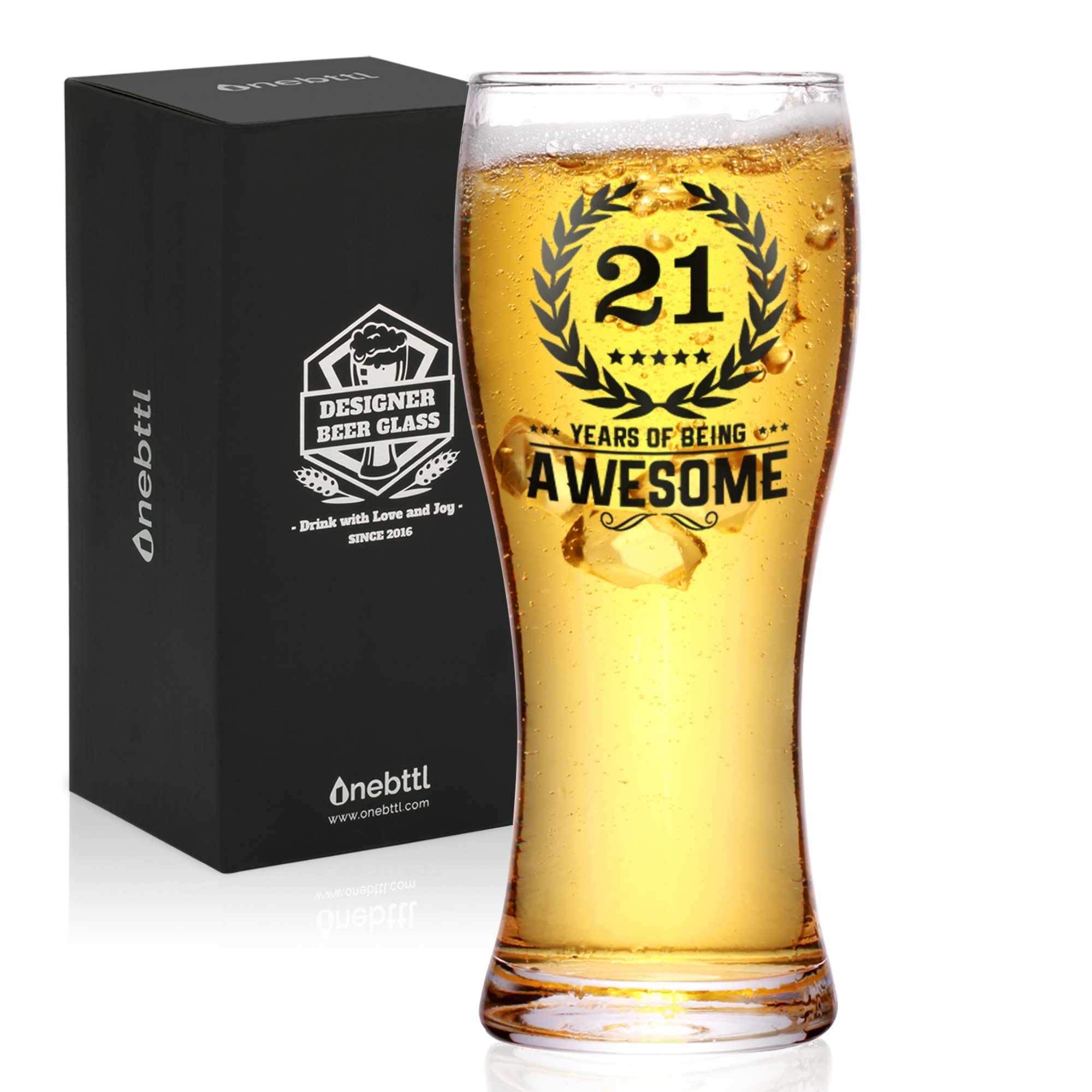 Onebttl 21st Birthday Gifts for Boys, Men or Him - 21 Years of Being Awesome - 450ml/15oz Beer Glass - 21 Years Old Birthday Beer Glass Gifts for Son, Grandson, Nephew or Boyfriends