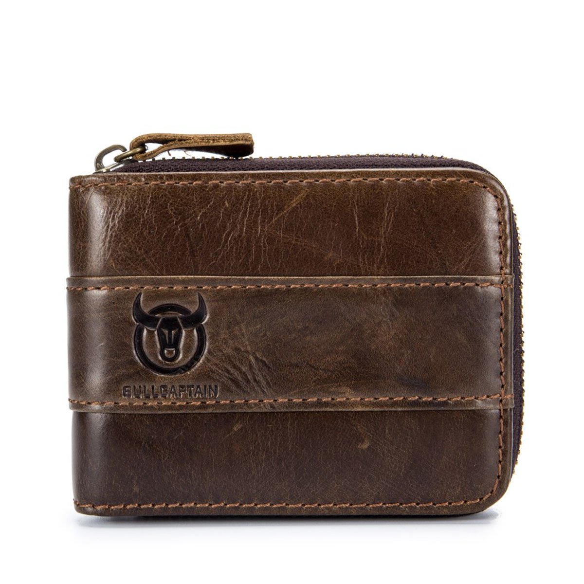 BULLCAPTAIN Men's Brown Genuine Leather RFID Blocking Zip-around Wallet with 11 Card Slots and Coin Pocket