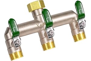 Yayamz Heavy Duty Brass Garden Hose Splitter - 3-Way 3/4" GHT Thread, High Flow Faucet Splitter, Water Hose T Spigot Splitter with Shutoff Valves, Water Adapter & Connector-Long Metal Handle