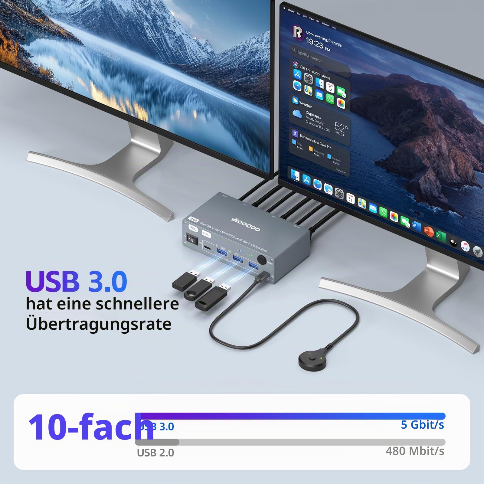 Displayport KVM Switch 2 Computers 2 Monitore, 8K@60Hz/4K@240Hz Dual Monitore KVM Switch with 4 USB3.0 Ports, USB Kabeln und Netzteil, ideal für Homeoffice und Gaming 6