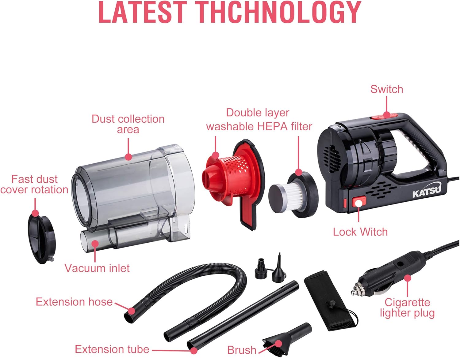 KATSU Car Vacuum Cleaner 150W Powerful Motor 7000PA Handheld Vacuum Super Strong Power Suction Wet/Dry Hoover - Image 5