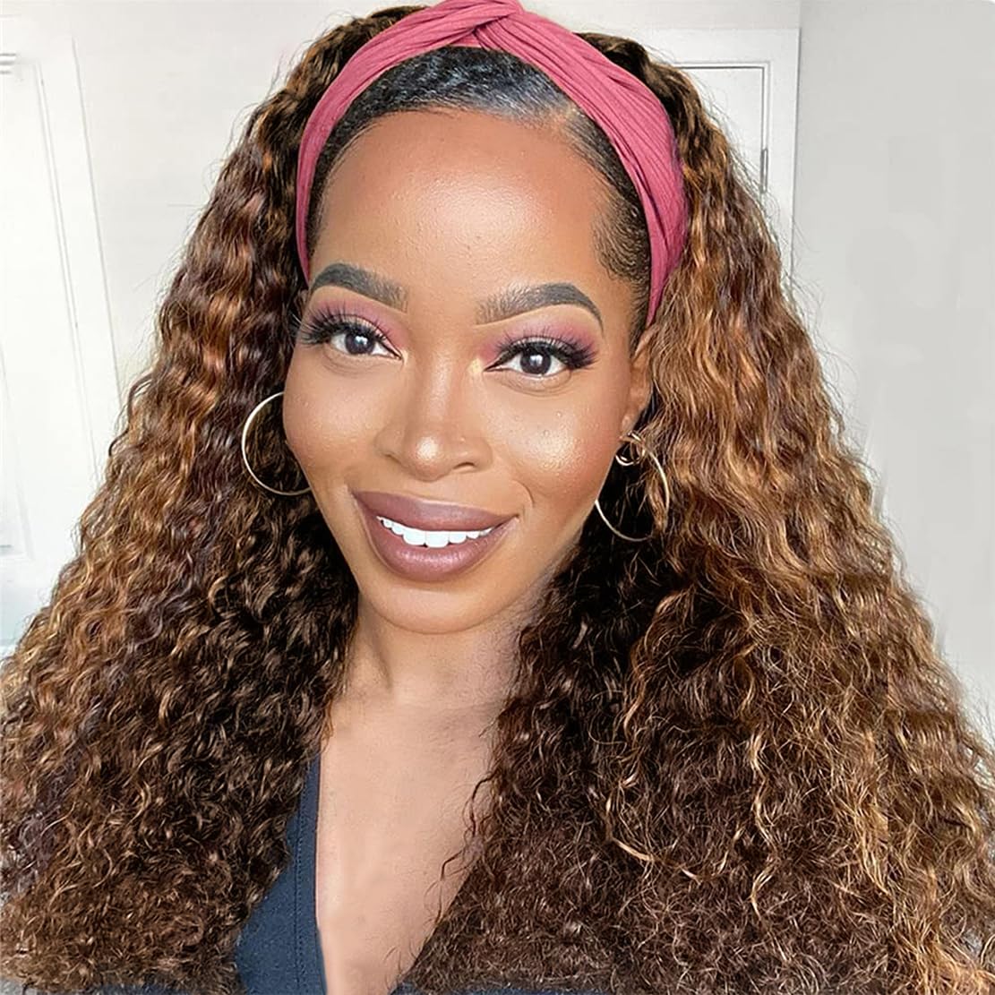 Highlight Ombre Headband Wig Human Hair Deep Wave Human Hair Wigs for Black Women #4/27 Glueless 150% Density None Lace Front Machine Made Brazilian Virgin Deep Wave Headband Wig Human Hair 18 Inch