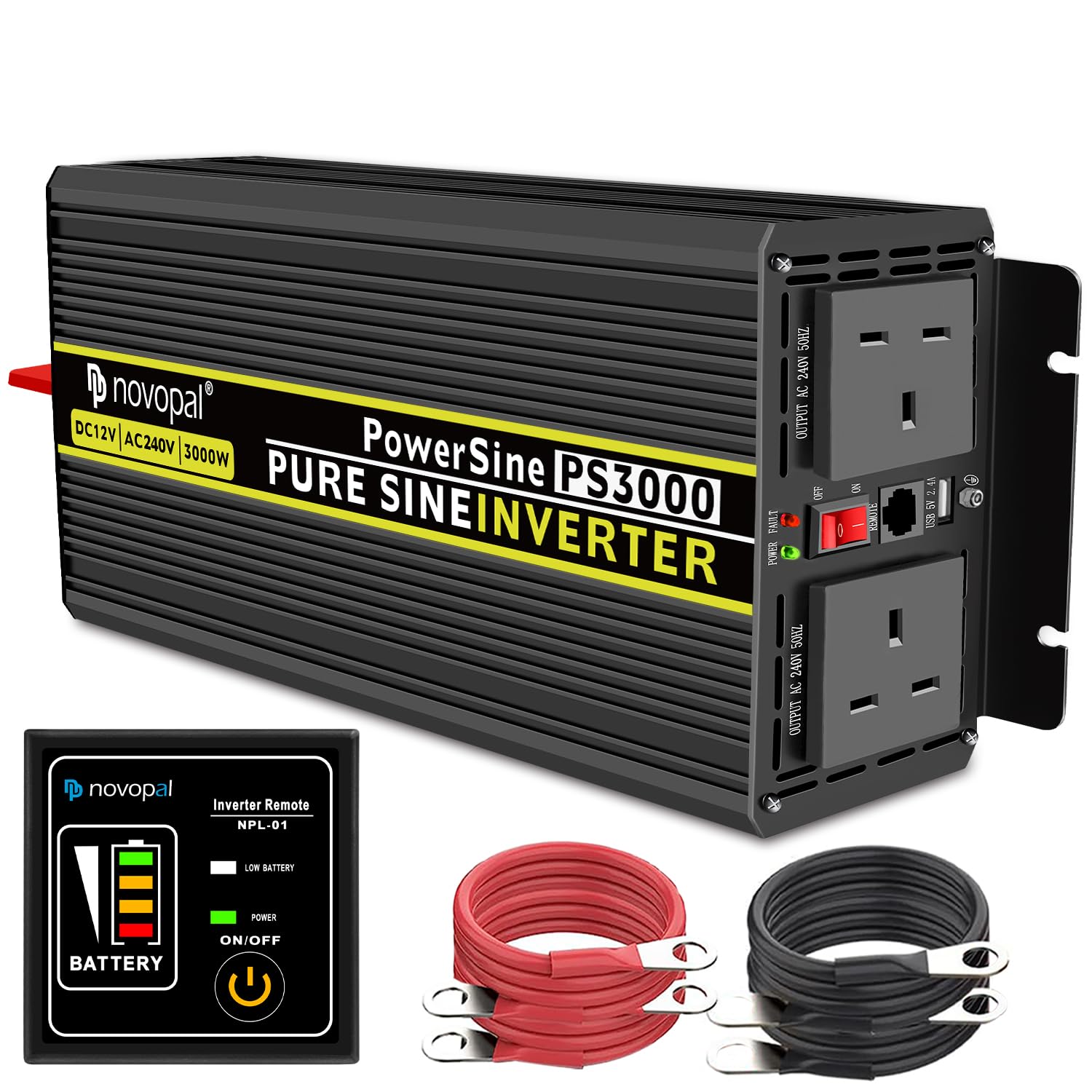 Novopal 3000W 6000W Pure Sine Wave Inverter 12V DC to 240V AC Power Converter with 2 UK Sockets,1 USB,16.4FT Remote Control, 2 Cooling Fans,for RV,Boat,Truck,Camping,Home