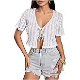 OYOANGLE Women's Crochet Knit Tie Front Crop Top Hollow Out Short Sleeve Cardigan Sweater