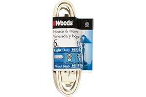 Woods Light Duty Extension Cord, 6Ft, 16 Gauge, SPT-2, 3 Outlet Cube Tap, Indoor Cord, White, 0600W
