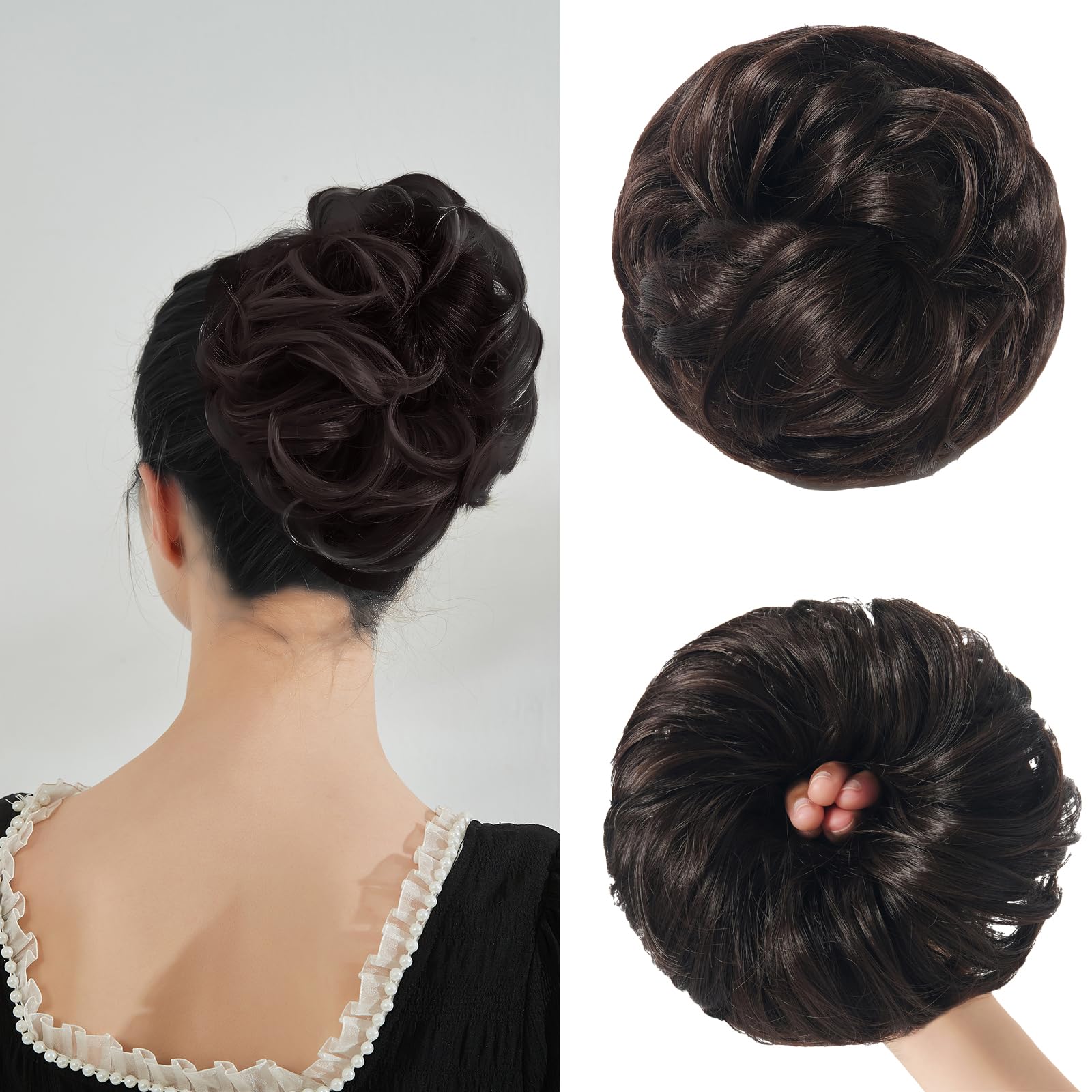 Photo 1 of BwelsZJ Large Messy Bun Hair Piece Curly Synthetic Extensions Scrunchies Fake Chignon Updo Hairpieces for Women Dark Brown