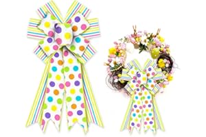 ALIBBON Large Easter Bows for Wreaths, Spring Easter Wreath Bows, Colorful Dots Bows for Crafts, Easter Decor, Green Yellow Blue Pink Stripe Burlap Bows for Wreath Indoor Outdoor Wall Decorations