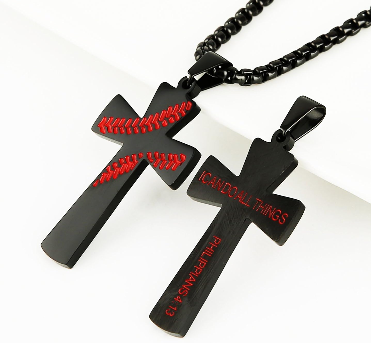 HZMAN Baseball Cross Pendant, I CAN DO ALL THINGS STRENGTH Bible Verse Stainless Steel Necklace (Black): Clothing