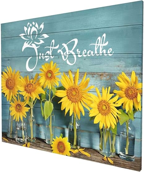 Amazon Com Hankcles Sunflower Wall Art Just Breathe Pictures Modern Painting Home Office Decorations Bedroom Kitchen Decor Yellow Flowers Giclee Artwork Posters Prints