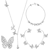 Landical 4 Pcs Butterfly Rhinestone Silver Jewelry Set Includes Necklace, Ear Clips, Bracelet and Ring with Zircon for Women
