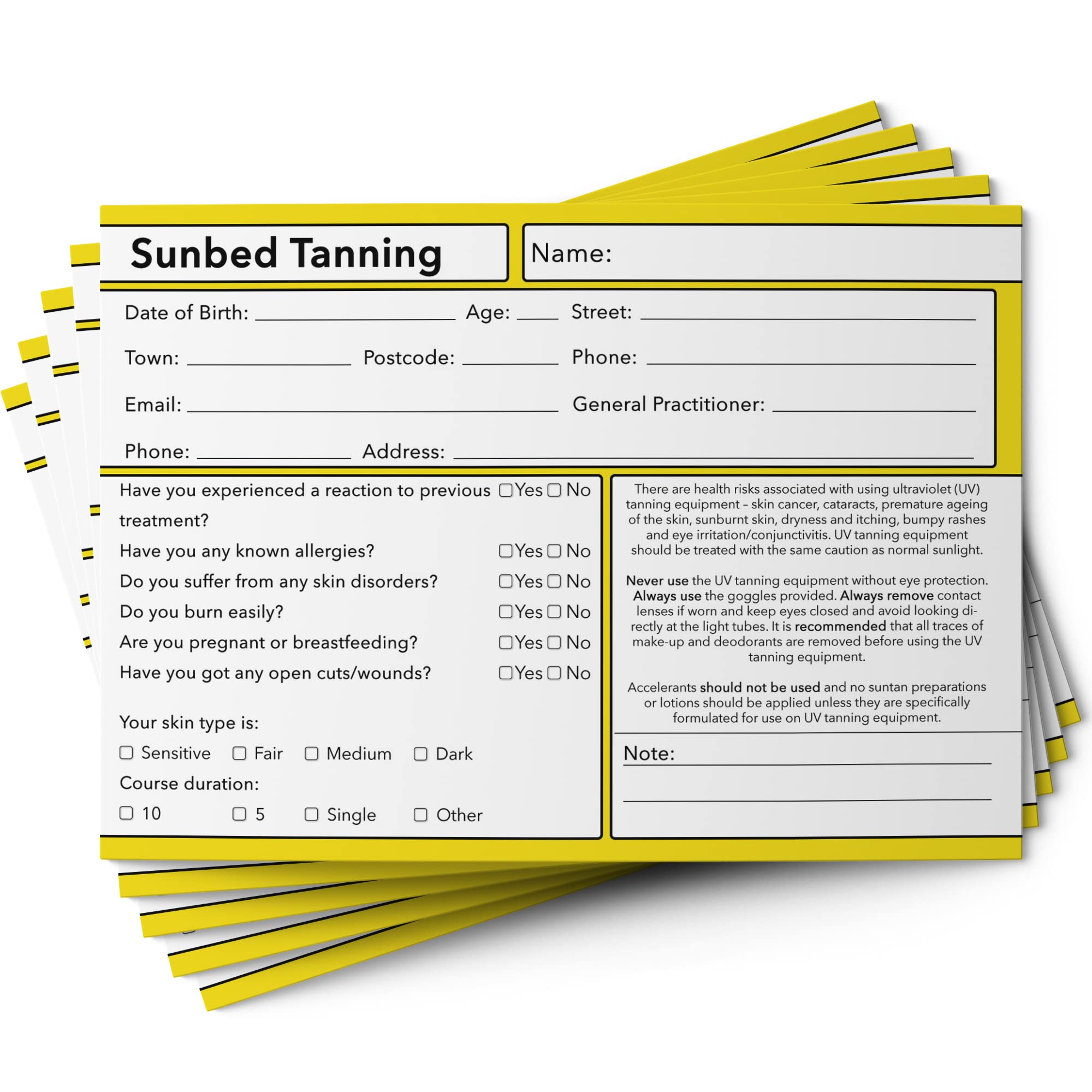 Sunbed Tanning Client Cards GDPR A6 Size - Salon and Therapist Customer Consultation Record - Treatment Services Essentials - Profile and Recording Forms - Beauty Stationery - 105x148mm - Pack of 25
