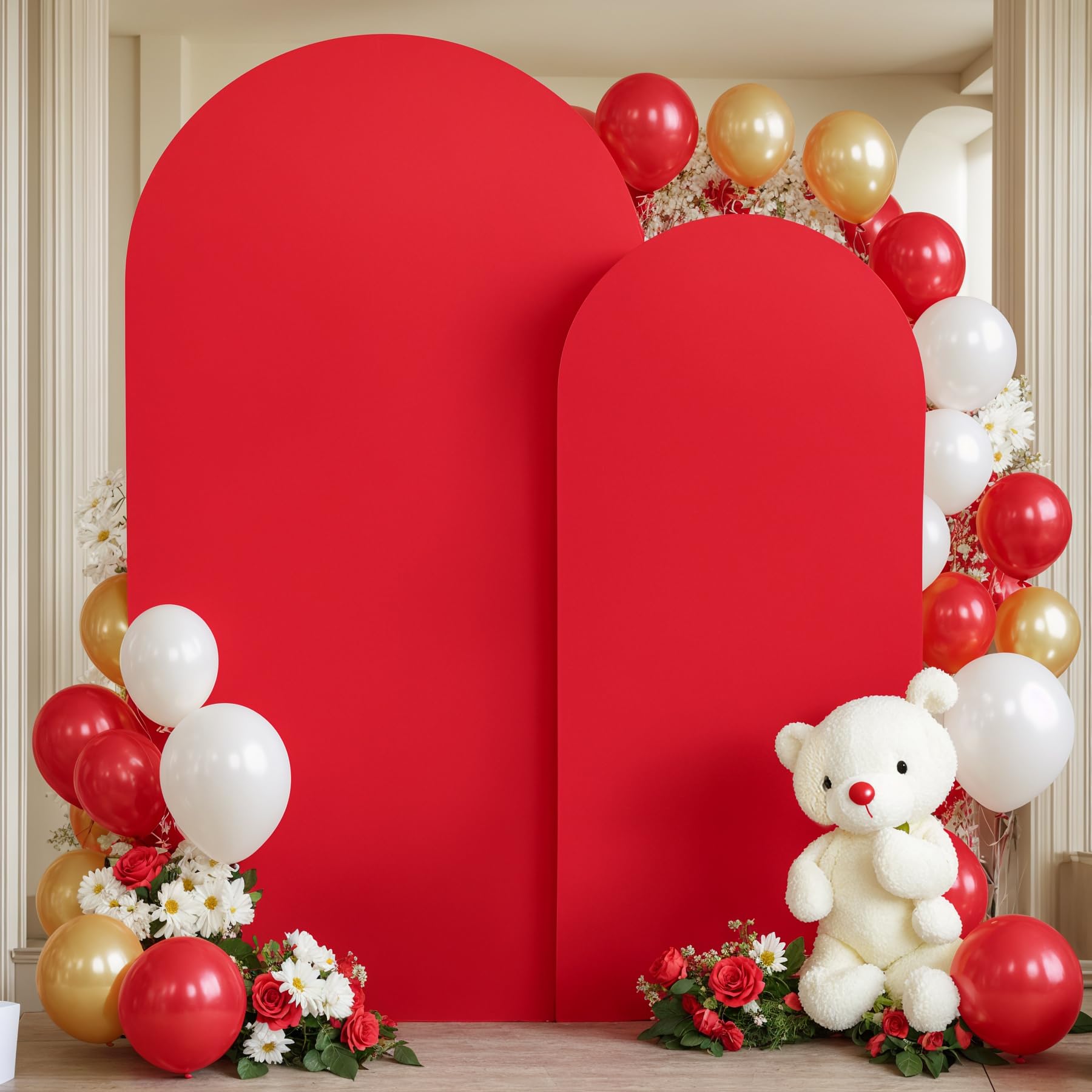 Photo 1 of Red Arch Backdrop Covers - 6.6FT, 5FT Spandex Fitted Wedding Arch Stand Covers Round Top Chiara Arch Backdrop Cover for Wedding Birthday Party Decoration