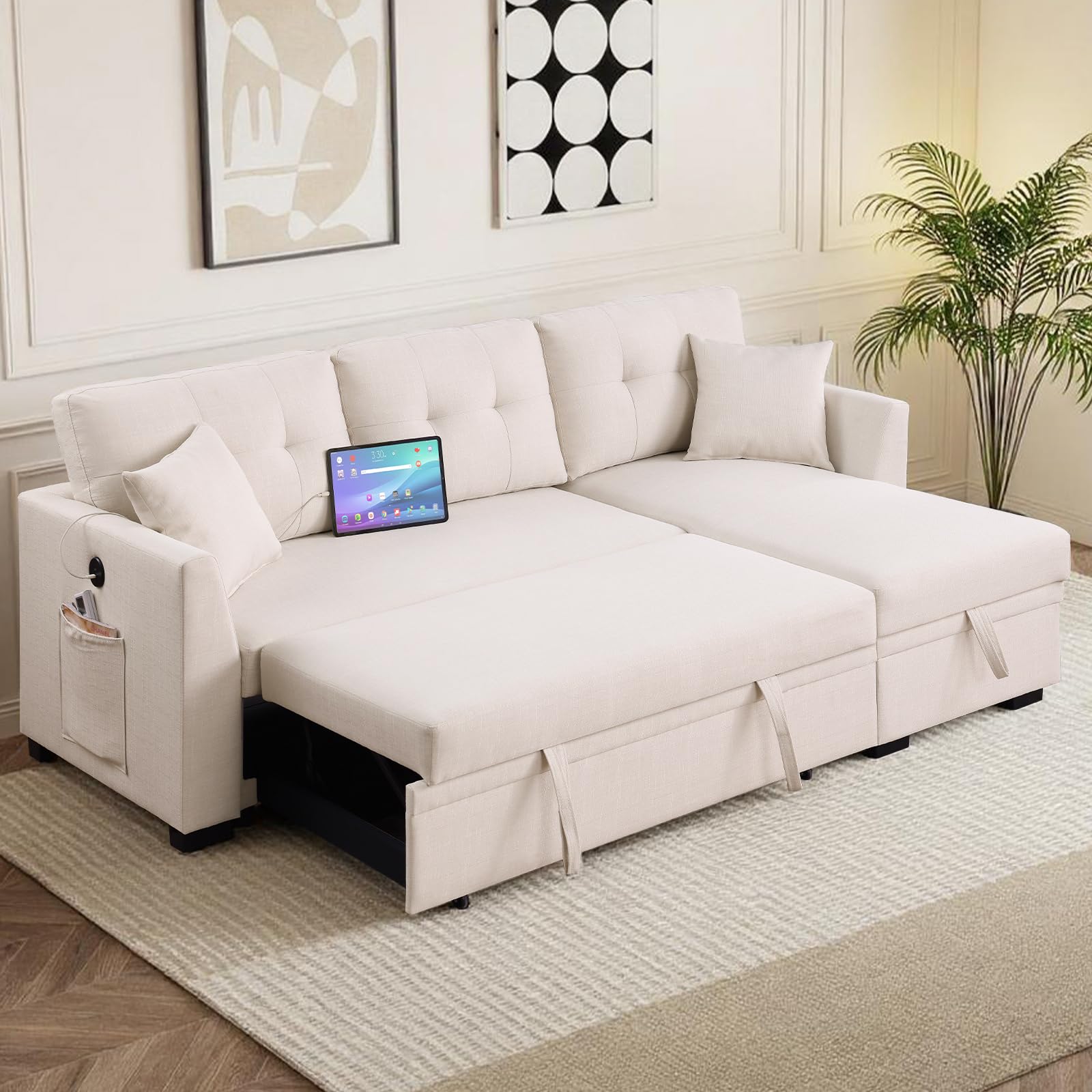 Photo 1 of ***PARTIAL SET***BOX 1 OF 3******TRUCK/TRAILER PICKUP ONLY***
Yafylly L-Shaped Sofa with Storage and Pull-Out Bed, Convertible Futon Chaise Lounge with Ports, Recliner for Living Room, Bedroom, Apartment, Office, Beige