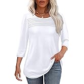 OFEEFAN Womens Tops 3/4 Length Sleeve Blouses Dressy Casual Spring Summer Fall Outfits Pleated Front T Shirts Curved Hem