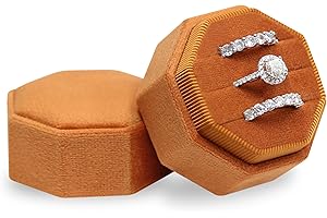 BLUTETE Velvet 3 Slots Jewelry Ring Box Engagement Wedding Box Keepsake Box Bridal Photo Ring Triple Slots Octagon (Burnt Ora