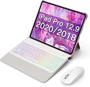 Inateck iPad Keyboard Case with Wireless Mouse USB-C for iPad Pro 12.9 Inch 2020 (4th Gen) - iPad Pro 2018 12.9 (3rd Gen) with Hundreds of RGB Backlits, Bundle Produc - KB02006 Pink and MS02001 White