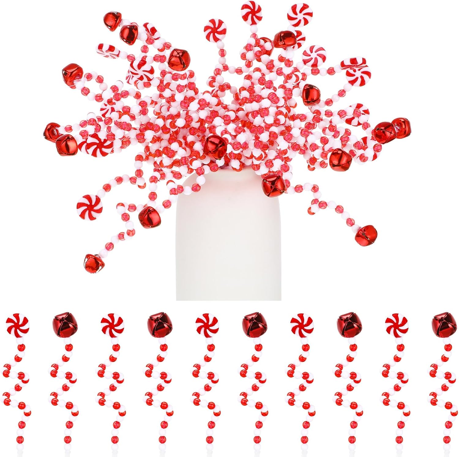 Tree Toppers - Tigeen 50 Pcs Christmas Curly Pick 9.1'' Red White Christmas Picks Bells Candy Cane Christmas Decorations Red Christmas Tree Picks for Xmas Tree Topper Decor Home Office Crafts Party Ornaments