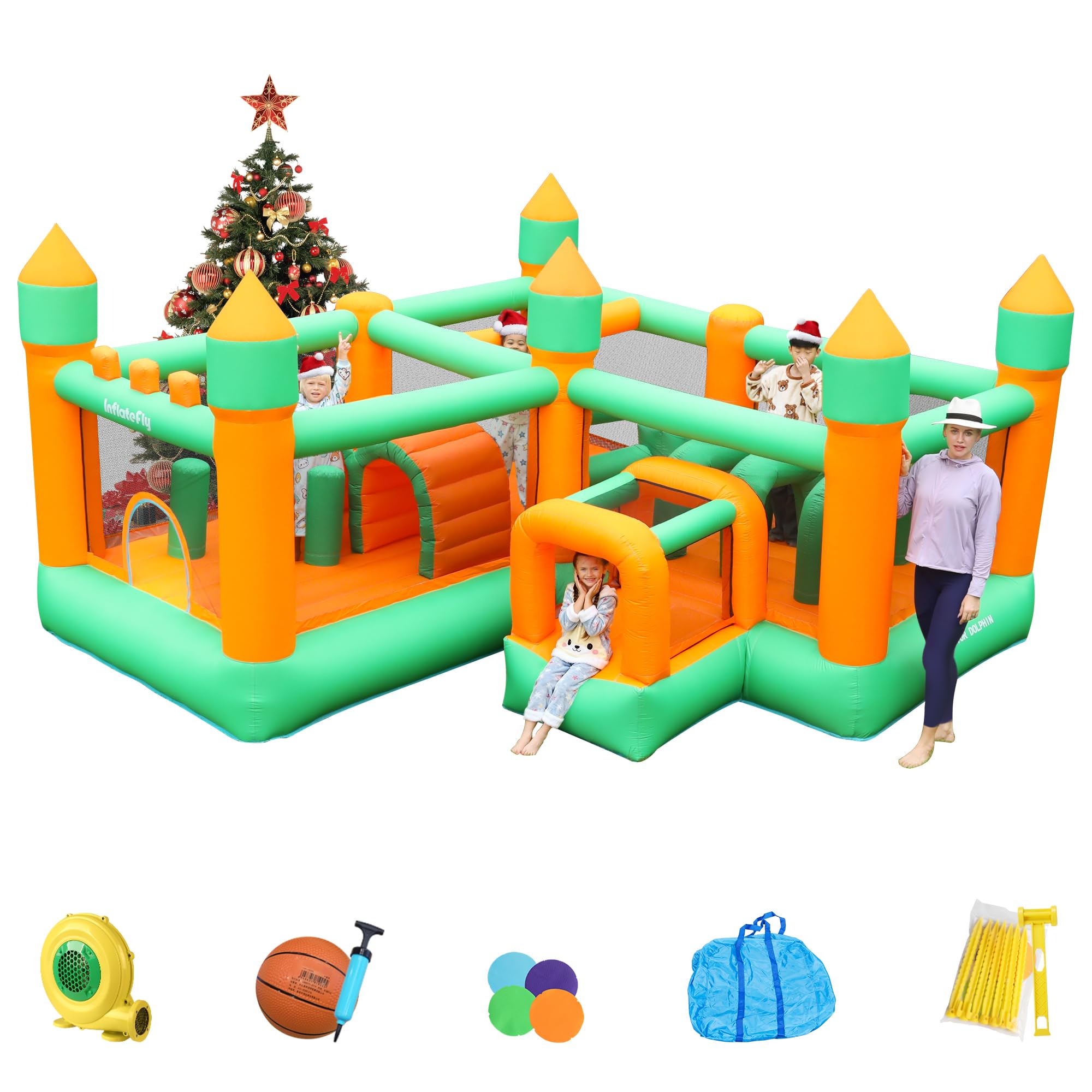 Photo 1 of INFLATEFLY Inflatable Bounce House, 8 in 1 Obstacle Bounce House with 750W Blower, Jumping, Crawling, Punching Bag, Crawl Tunnel, Obstacle Posts for Kids Outdoor Indoor