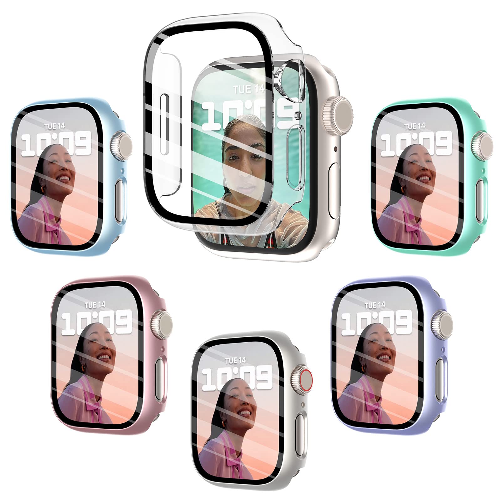 Fullife 6-Pack Screen Protector Compatible for Apple Watch Series 9/8/7 45mm with Tempered Glass Case,Hard Ultra-Thin PC Full Coverage Overall Shockproof Bumper for iWatch 45mm,6 Colours