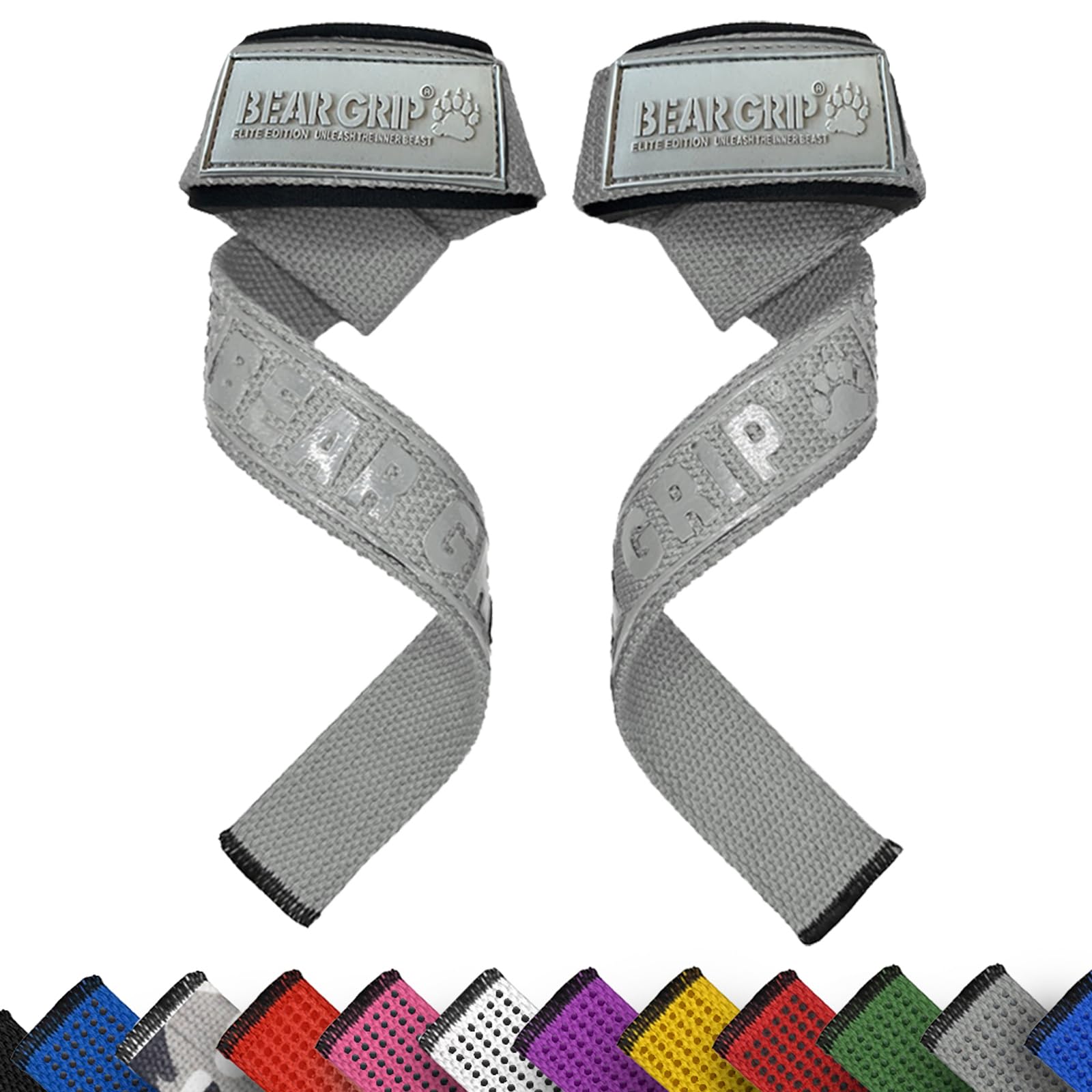 BEAR GRIP Straps - Premium Neoprene padded Heavy Duty double stitched weight lifting gym straps, Gel grip, 100% cotton, Extra long length (Grey)