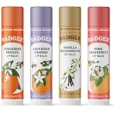 Badger Classic Lip Balm Variety Pack, Yellow Box, 4-Pack | Tangerine, Lavender, Orange Vanilla &amp; Grapefruit Flavors, Organic Lip Moisturizer Set, Light silky texture, Lip balm gift set