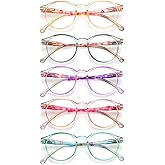 LANLANG 5 Pack Blue light blocking Reading Glasses for Women with Spring Hinge, Round, 5 Colors, PC frame, Lightweight