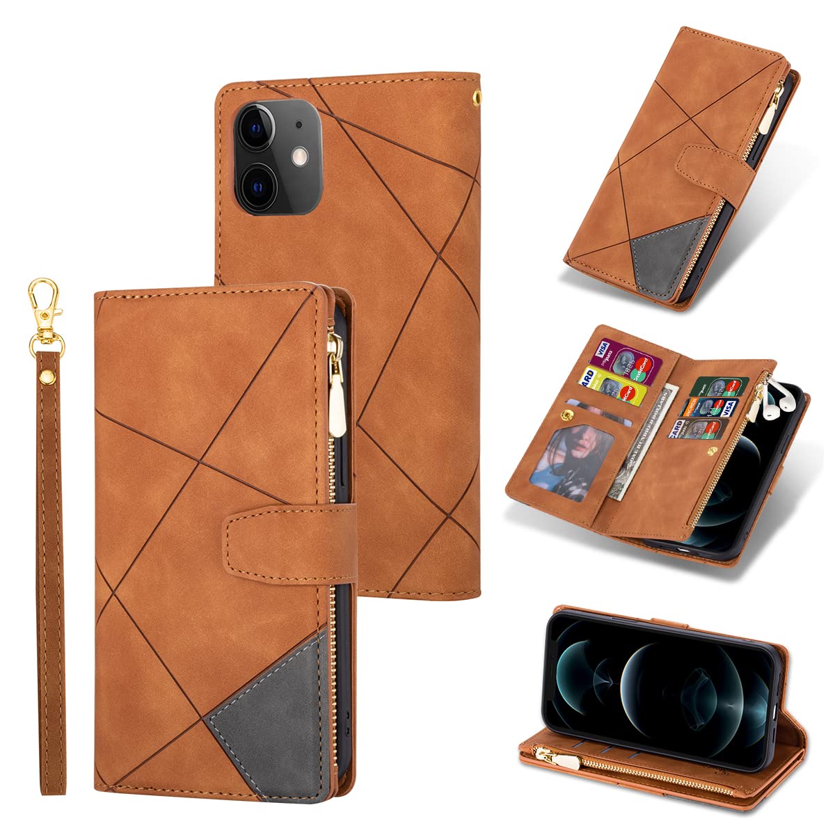 UEEBAI Wallet Case for iPhone 11 6.1, Vintage Premium PU Leather Cover Flip Case with Card Slots Magnetic Closure Zipper Pocket Kickstand Handbag with Hand Strap - Splice Brown