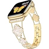 Tasikar Bling Diamond Women Band Compatible with Apple Watch Band 49mm 46mm 45mm 44mm 42mm 41mm 40mm 38mm Ultra SE Series 11 10 9 8 7 6 5 4 3 2 1 Lucky Clover Dressy Replacement Bracelet (Gold)