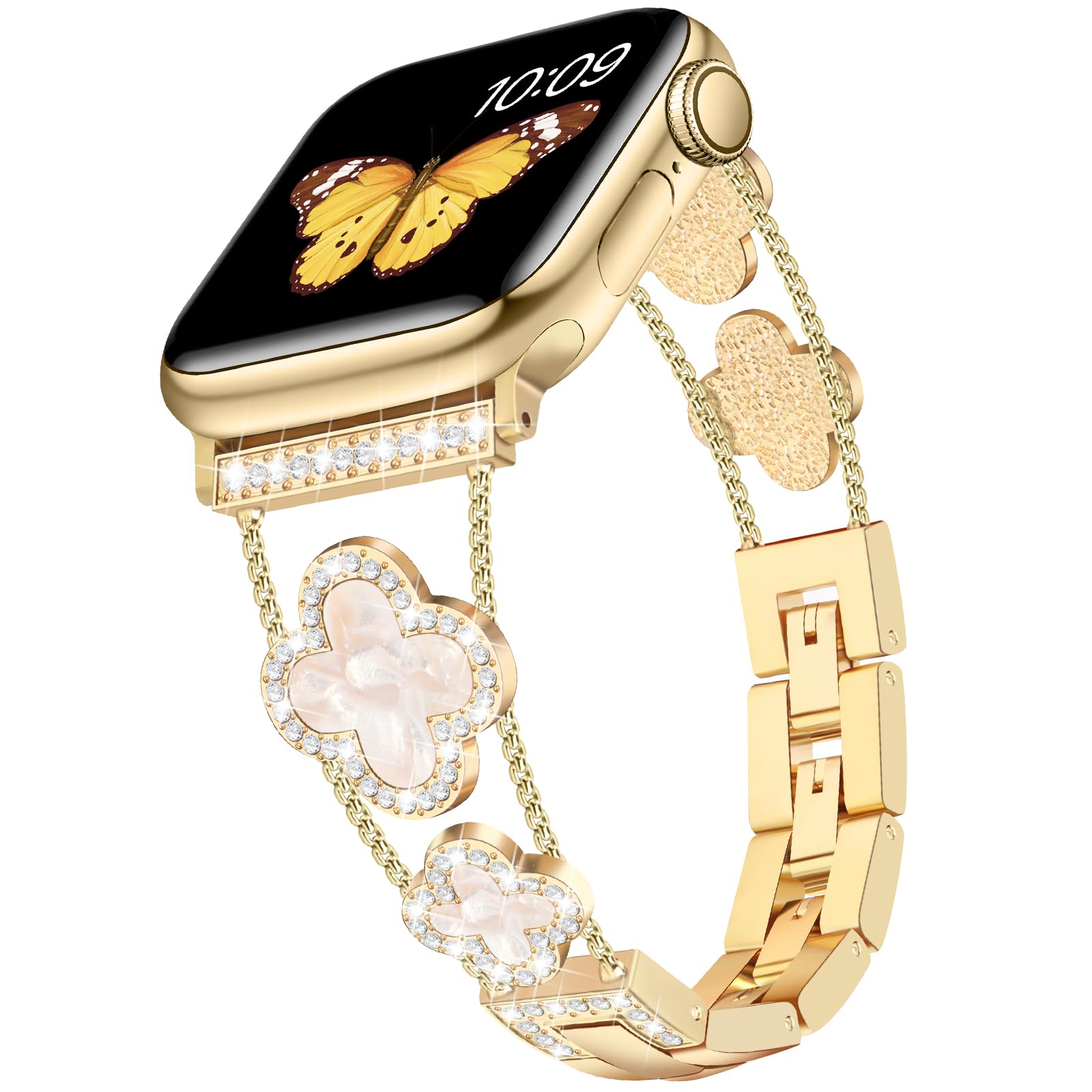 Tasikar Bling Diamond Women Band Compatible with Apple Watch Band 49mm 46mm 45mm 44mm 42mm 41mm 40mm 38mm Ultra SE Series 11 10 9 8 7 6 5 4 3 2 1 Lucky Clover Dressy Replacement Bracelet (Gold)