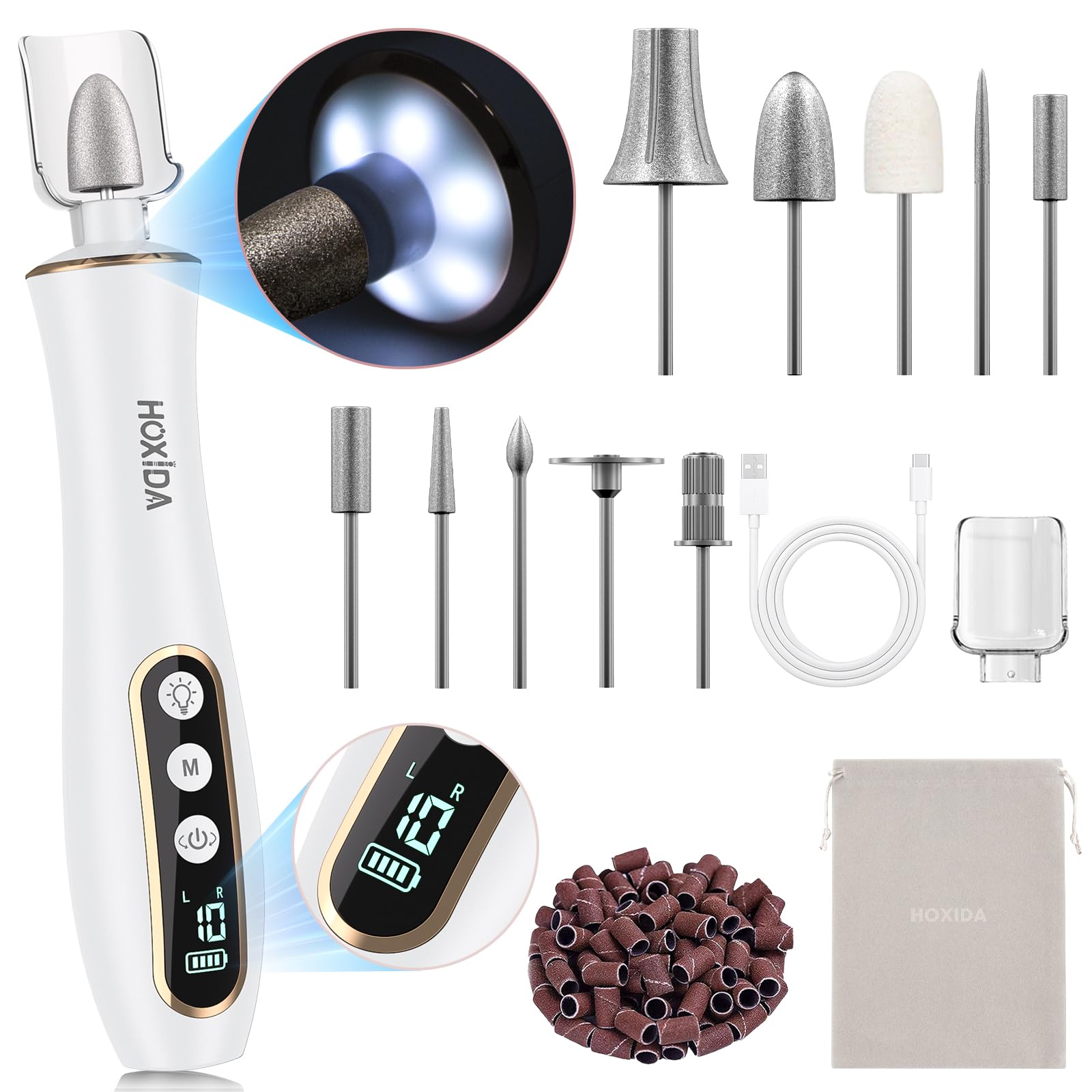 Professional Manicure Pedicure Kit, Cordless Electric Nail Drill with 360° LED light&10 Speeds, Rechargeable Pedicure Tools for feet, Hand Foot Care Nail Drill for Thick Nail Toenail Cuticle Women Men