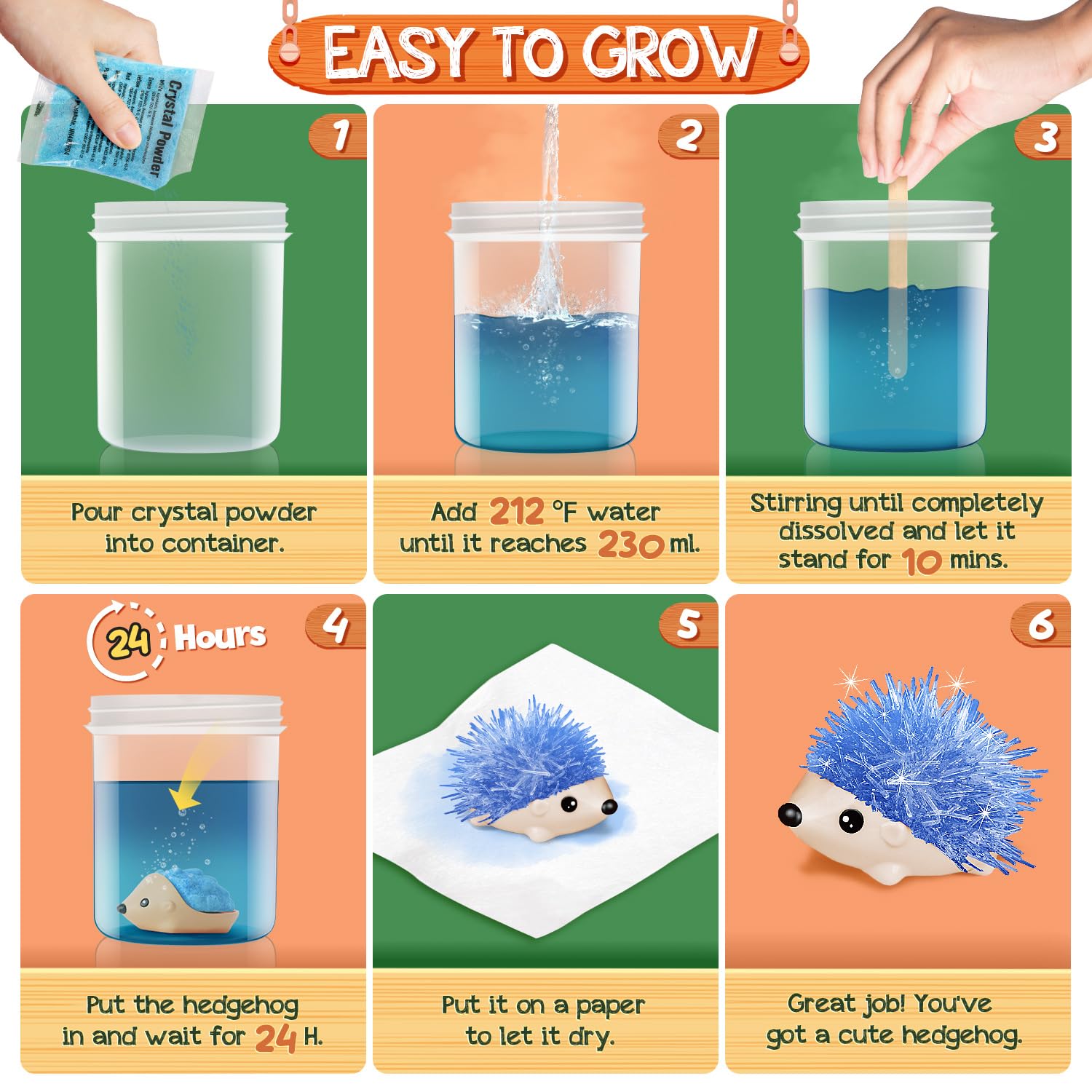 XXTOYS Crystal Growing Kit for Kids - 4 Vibrant Colored Hedgehog to Grow - Science Kits for Kids Age 6-8, Toys for Boys Age 8-12, Great Gifts Idea for 9 Year Old Girls, STEM Projects