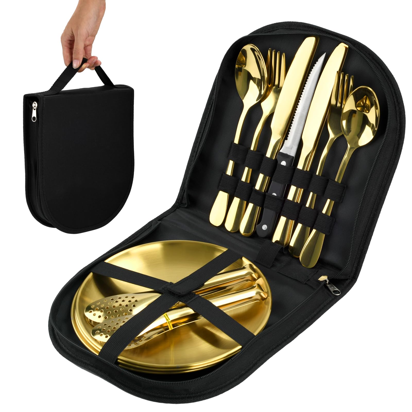 Photo 1 of 20-Piece Gold Stainless Steel Silverware Set With Organizer, including Plates, Knives, Forks, Spoons - Premium Outdoor Picnic Tableware for Camping