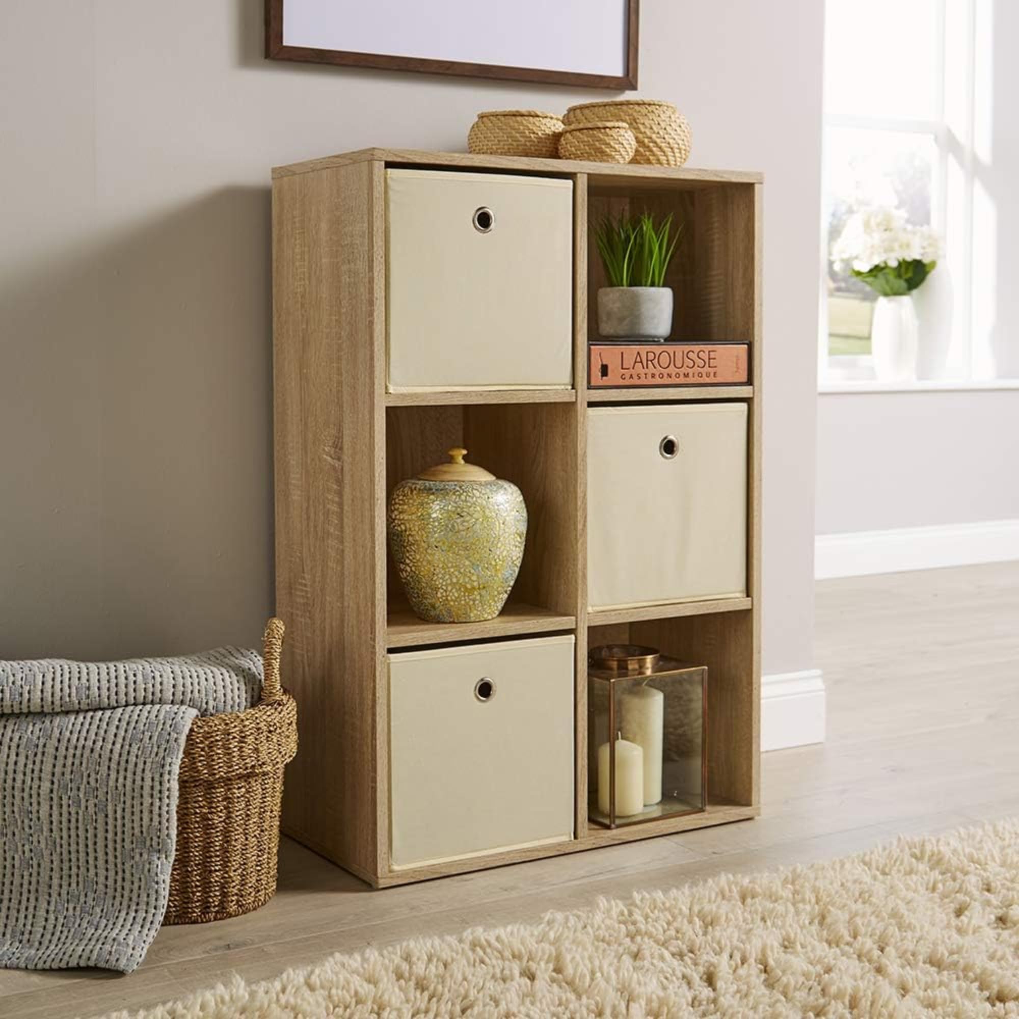 Home Source Storage Cube 6 Shelf Bookcase Wooden Display Unit, Oak Effect, 90cm