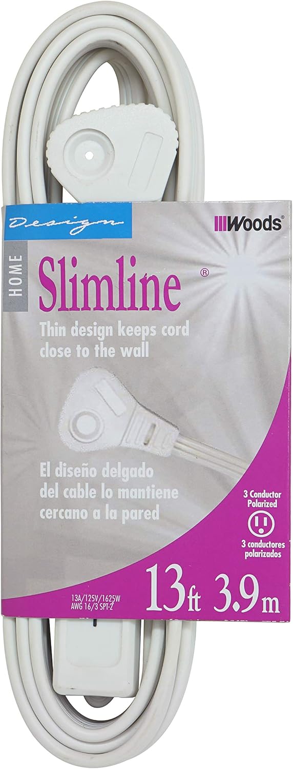 SlimLine 2232 Angled Flat Plug Extension Cord, Space Saving Flat Design, 3 Grounded Outlets, 13-Foot, 13 Amps, 1625 Watts, 125 Volts, UL Listed, I deal For Powering House Hold Appliances, Lamps and Clocks, Neutral White Color - - 