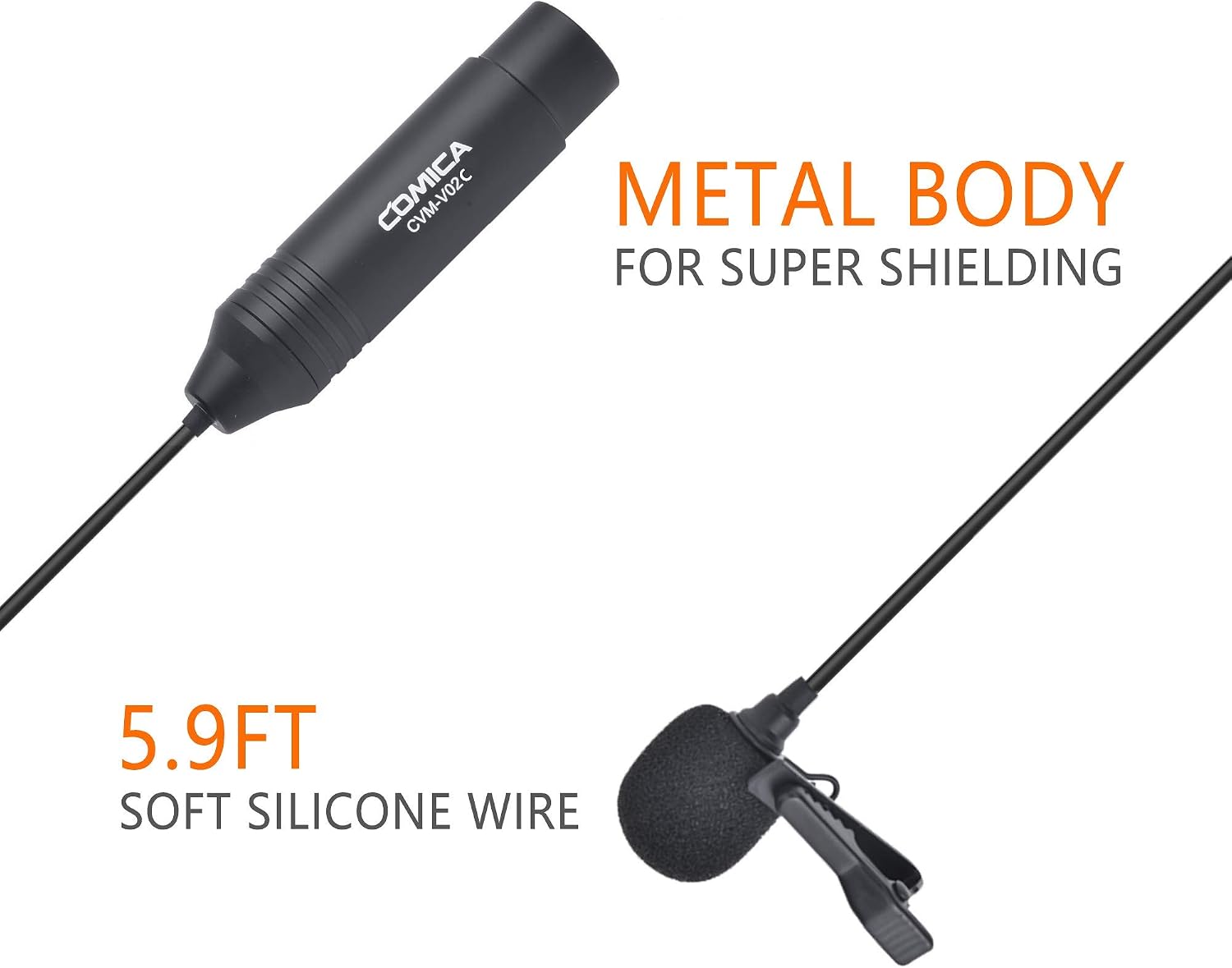 COMICA CVM-V02C microphone showing metal body and 5.9ft soft silicone wire.