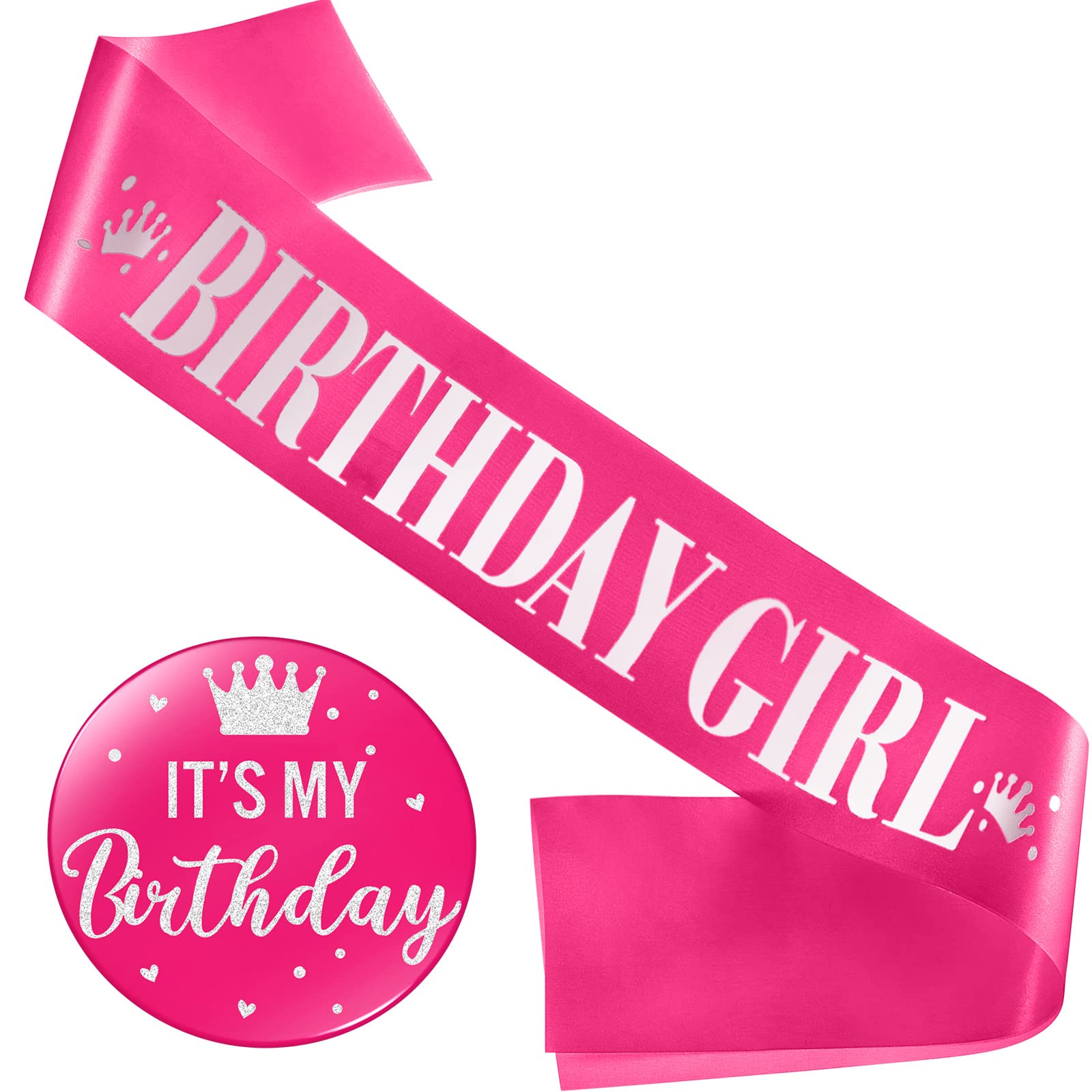 Its My Birthday Sash with Glittery Metal Rose Pin - Hot Pink