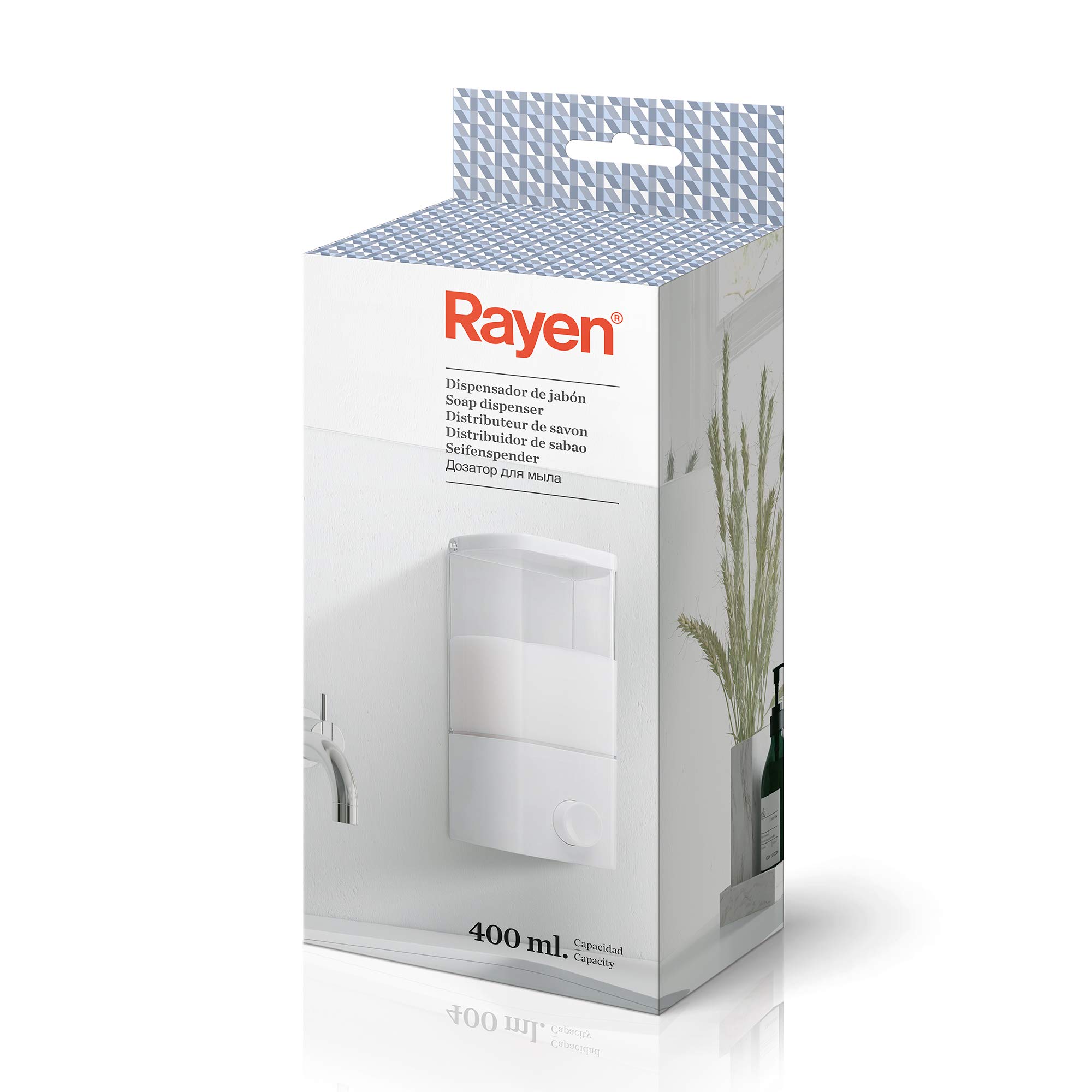 Rayen | Transparent Soap Dispenser, Easy Cleaning and Filling, Dual Installation Method, 9x8x18.8cm, White