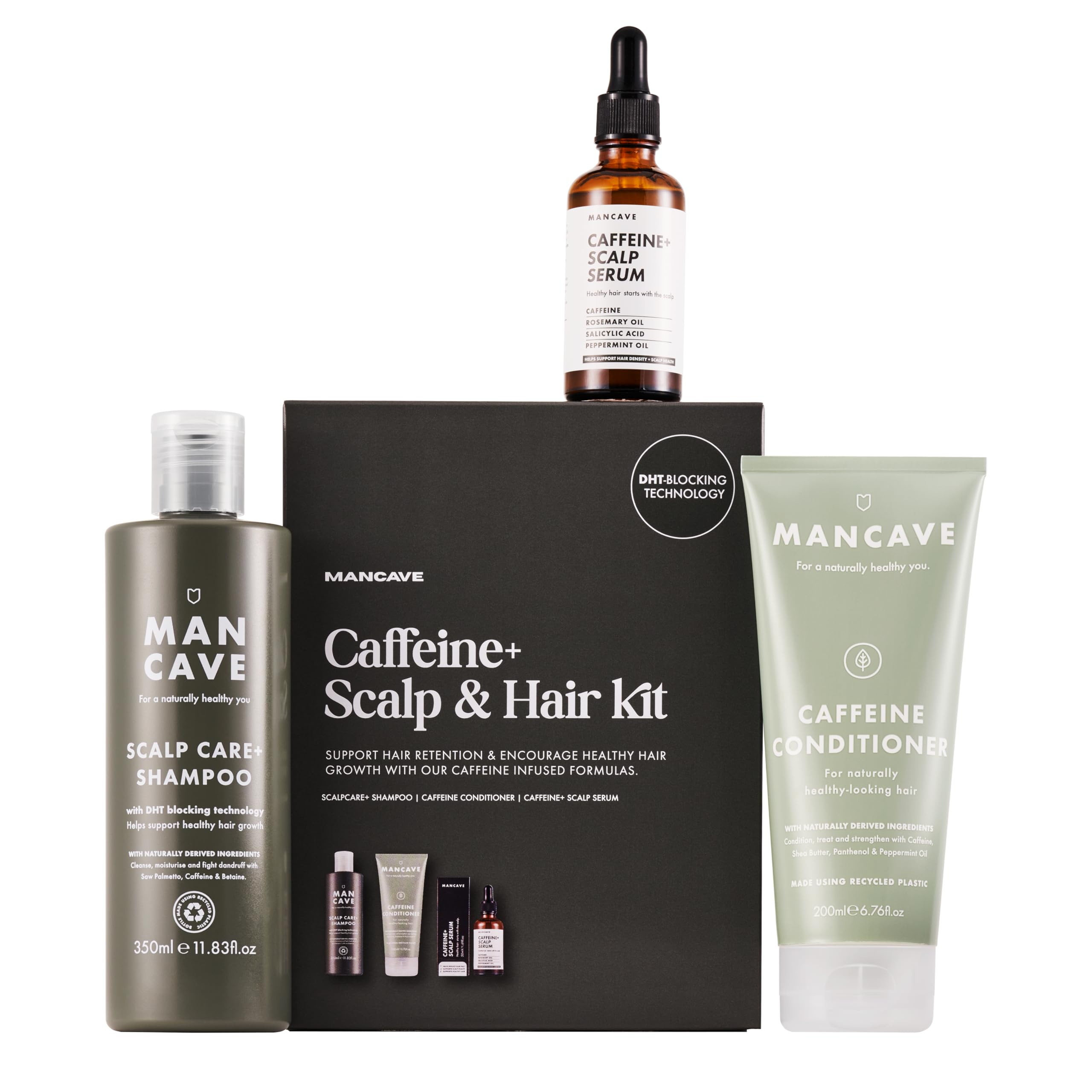ManCave Caffeine+ Scalp & Hair Kit with 3 Haircare Essentials for Healthier Hair and Scalp, Scalp Care Shampoo, Caffeine Conditioner and Caffeine+ Scalp Serum, Sulphate Free, Vegan, Cruelty Free