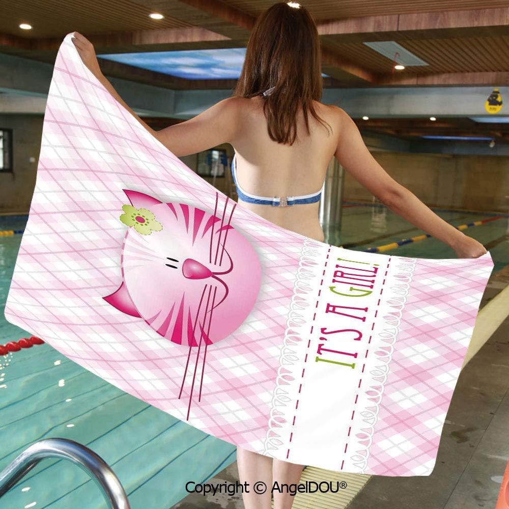 AngelDOU Large Gym Sport Swimming Pool Towel Its a Girl Message Happy Cat Little Flower Retro Pattern Microfiber Beach Towel Women Men.W27.5xL55(inch)