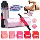 Soulchen 11 Pcs Pink 7 In1 Foam Roller Set Foam Back Roller Massage Stick Exercise Resistance Elastic Bands Plantar Fasciitis Ball Spiky Massager Ball with Bag for Physical Body Therapy Yoga Pilates