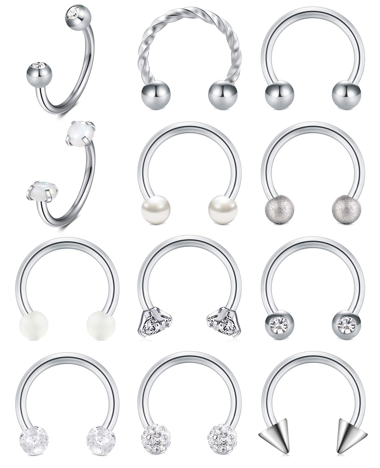 Crdifu 12pcs Silver Horseshoe Nose Lip Labret Septum Rings 8mm Stainless Steel 16G Helix Tragus Earrings Piercing