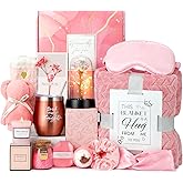 Birthday and Get Well Gifts for Women - Relaxing Spa Care Package With Luxury Flannel Blanket, Light-Up Rose Flower - Unique Self Care Gift Basket for Mom, Wife, Friends
