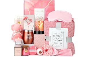 HANGERSPACE Birthday and Get Well Gifts for Women - Relaxing Spa Care Package With Luxury Flannel Blanket, Light-Up Rose Flower - Unique Self Care Gift Basket for Mom, Wife, Friends