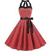 Women's 50s 60s Vintage Polka Dot Halter Neck Cocktail Swing Dress 1950s Audrey Hepburn Retro Style Rockabilly Prom Dress Knee Length Tie Waist Wedding Evening Gown Tea Party with Belt Red Medium
