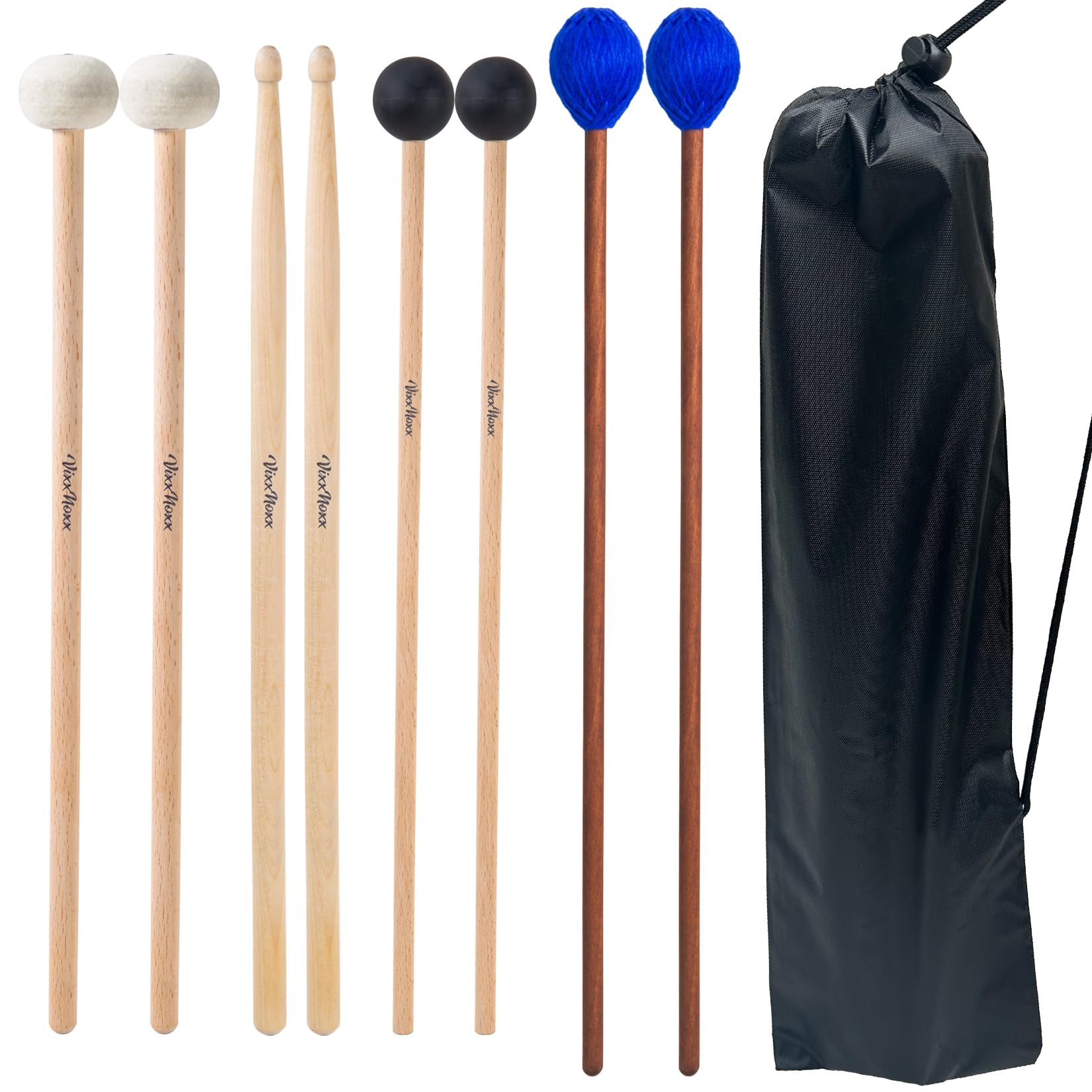 VixxNoxx Drum Mallets Kit – 4 Pairs (Felt, Rubber, Marimba, 5A) Drumsticks with Bag, Percussion Instrument Beginner Accessories for Steel Drum, Bass Drum, Cymbals, Glockenspiel, Xylophone Mallet