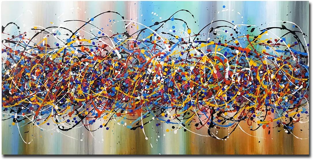 Paintings - AMEI Art Paintings,24x48 Inch Canvas Paintings Jackson Pollock Drip Style Modern Abstract Oil Paintings 100% Hand-Painted Colorful Acrylic Artwork Art Wood Inside Framed Ready to Hang