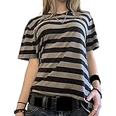 Women Y2k Gothic Striped Tees Short Sleeve Crew Neck Casual Loose Grunge Top Aesthetic Emo Clothes