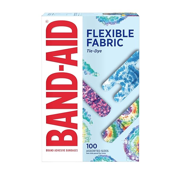 BAND-AID BRAND FLEXIBLE FABRIC ADHESIVE BANDAGES, COMFORTABLE STERILE PROTECTION & WOUND CARE FOR MINOR CUTS, SCRAPES & BURNS, FIRST AID KIT ESSENTIAL, FUN TIE-DYE DESIGNS, ASSORTED SIZES, 100 COUNT
